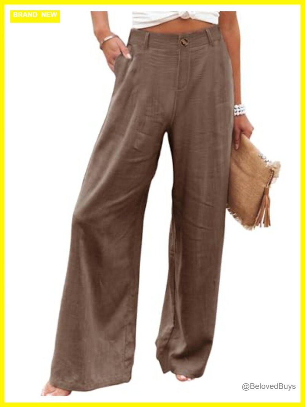 Cotton Linen Wide Leg High Waist Button Front Pants Casual Trousers